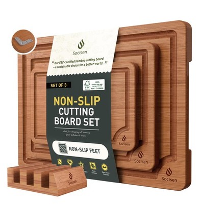 Bamboo Cutting Board Set with Non Slip Feet Over Sink 3 Pcs