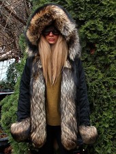 100% Real Farmer Raccoon  Fur Parka Hood Coat Outwear Fashion Black S/M