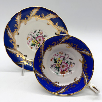 Paragon Cobalt Blue Gold Leaf Band Floral Bouquet Tea Cup & Saucer Set F104F
