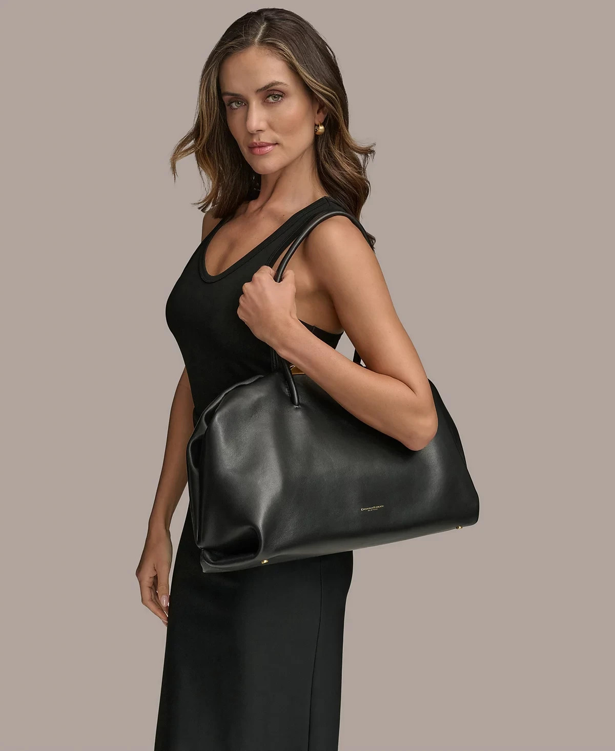 $398. Donna Karan New York Poplin Large Satchel Shoulder bag Black Gold thumbnail 6