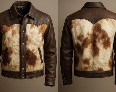 Men's Cowhide Leather Western Jacket, Hair-On-Hide Biker Style hair on pony skin