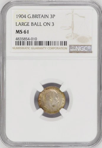 1904 Great Britain Silver Three Pence Large Ball On 3 NGC MS 61 Toning