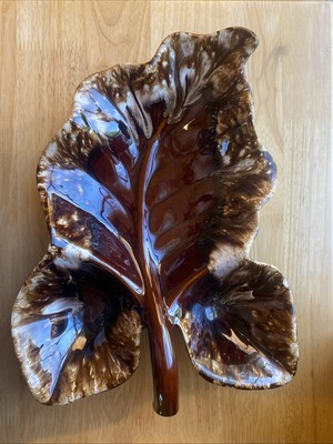 Lg 3 Leaf Section Serving Dish Hull Vintage Mirror Brown Drip Glaze Pottery USA