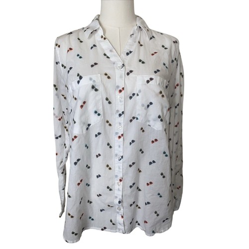 White Shirt Gloria Vanderbilt 100% Cotton Roll Up Tab Button Down Sunglasses M