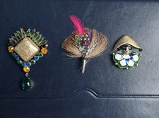 3 Vintage Miracle Brooches PLUME  DEER DOE FUR FAUX CAIRNGORM STONE