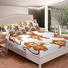 Kids Cute Monkeys Bed Sheet Set Cartoon Monkey Banana Decor Bed Queen Multi 15