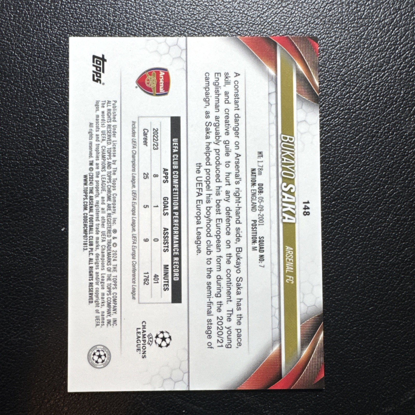 2024 Topps Chrome Sapphire Bukayo Saka Black Refractor /10 Arsenal SSP #148 view 2