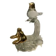 Vintage Art Glass 3 Birds Handblown Clear Gold 6 in Height