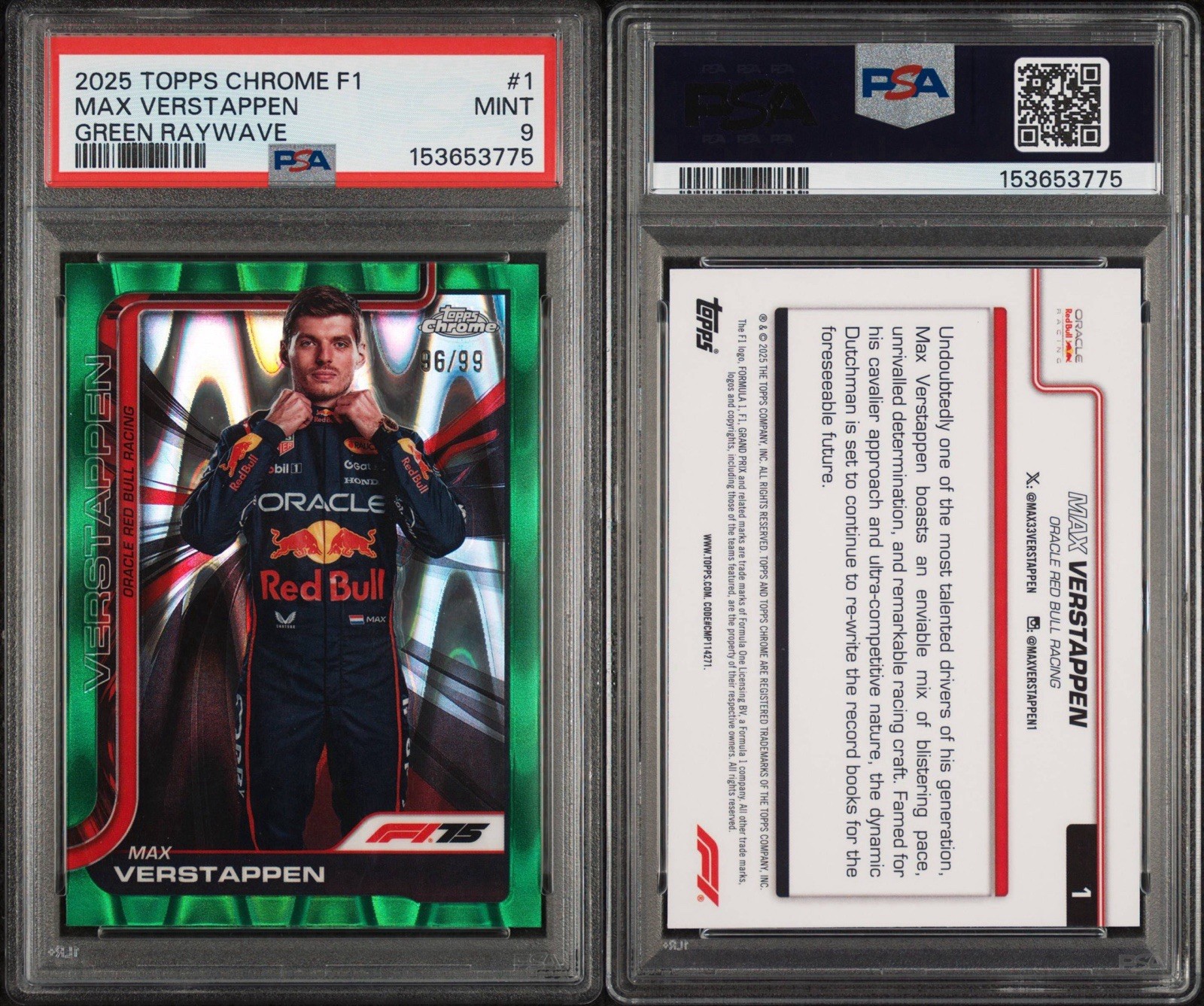2025 TOPPS CHROME FORMULA 1 GREEN RAYWAVE #1 MAX VERSTAPPEN 96/99 PSA 9 view 3