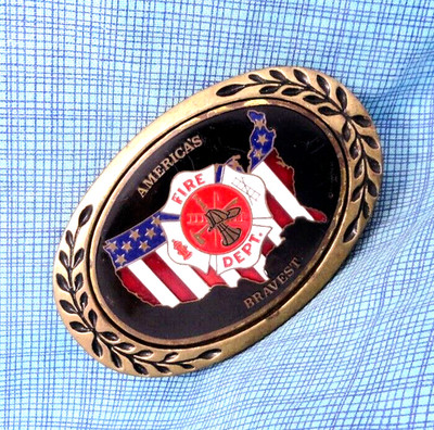 Fire Department Americas Bravest Belt Buckle Hook Ladder Vtg 80s Heritage.QRT124