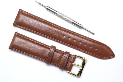 20mm Brown Leather Unisex Watch Band Gold Tone Buckle W/ Spring Bar Remover Tool