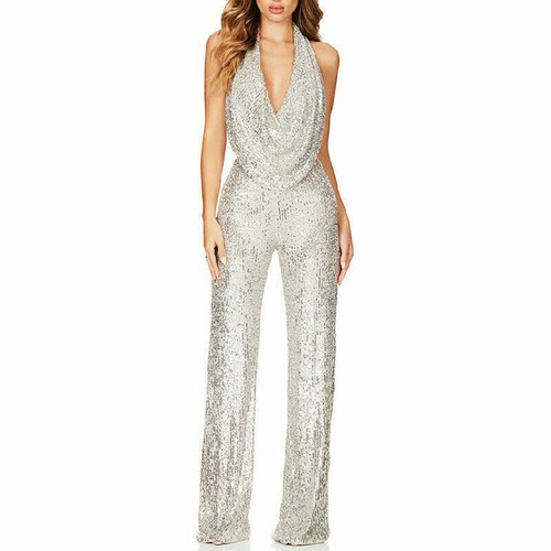Ladies Sexy Sequin V Neck Backless Jumpsuit Slim Fit Sleeveless Romper Nightclub - Picture 12 of 13
