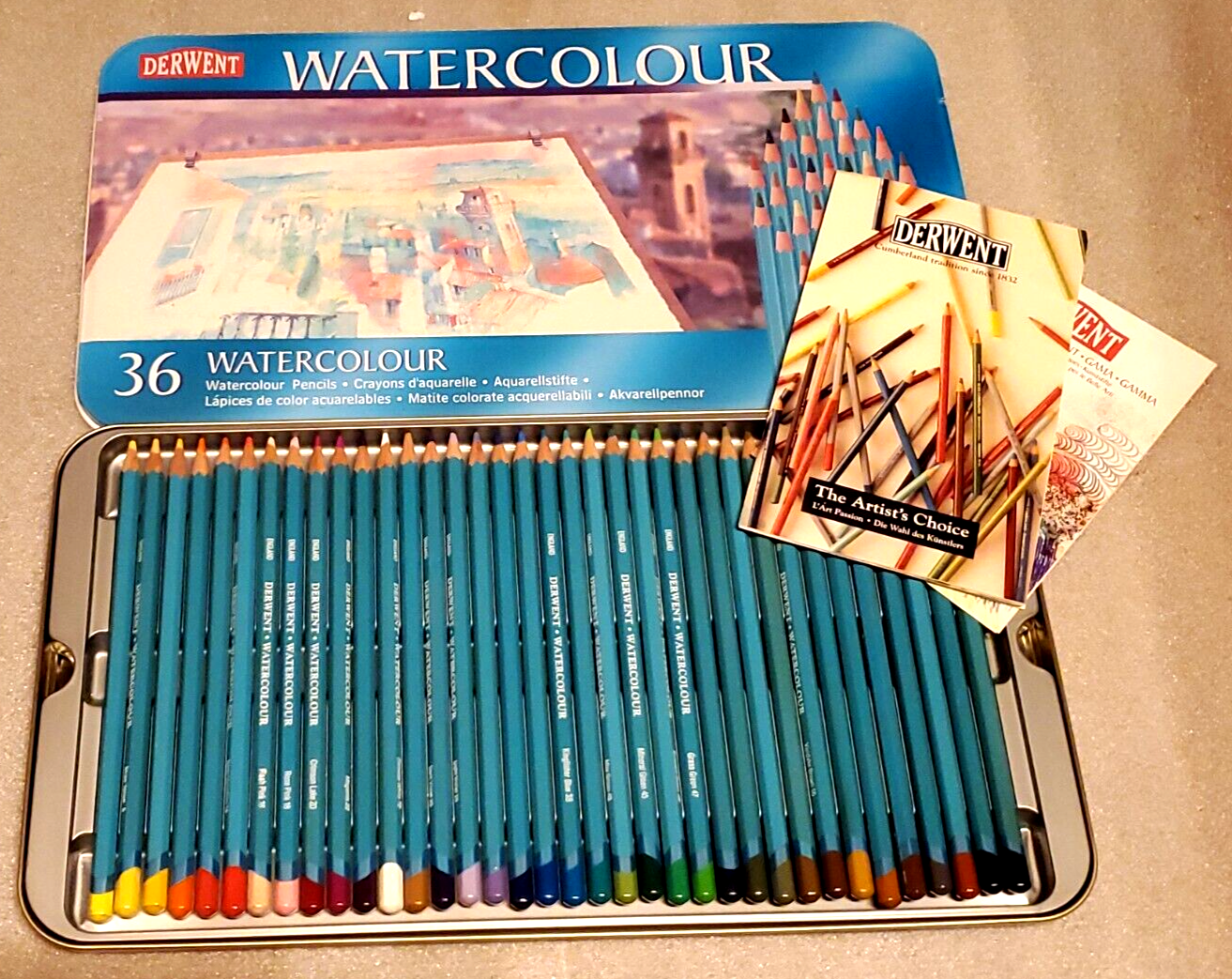 Derwent Watercolour Pencils- Set of 36 in Original Tin- Made in U.K.