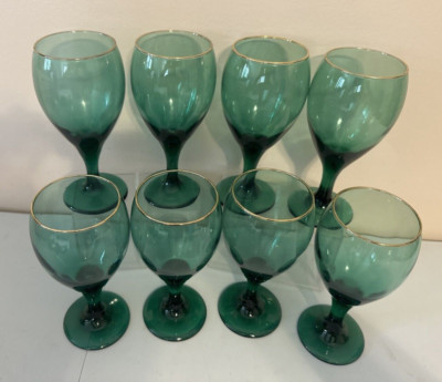 7 VTG Libby Juniper Green Water Goblets Glass Teardrop Gold Rim CHARITY READ