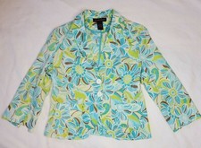 Lily Stanhope Linen Light Blazer Sz 6 Blue Brown Green Flower Spring 3/4 Sleeve