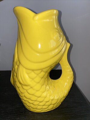 Glug Glug Mug Big Fish Bass Glossy Yellow Ceramic Jug Cup/Creamer Bistro Basics 