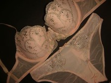 Victoria's secret 32D,34D BRA SET panty embroidered PINK gold peach DREAM ANGELS