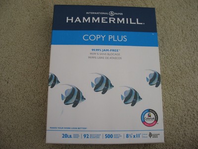 One ream (500 sheets)  size 8.5''x11'' Hammermill Copy Plus paper  20 LB 92 Bright
