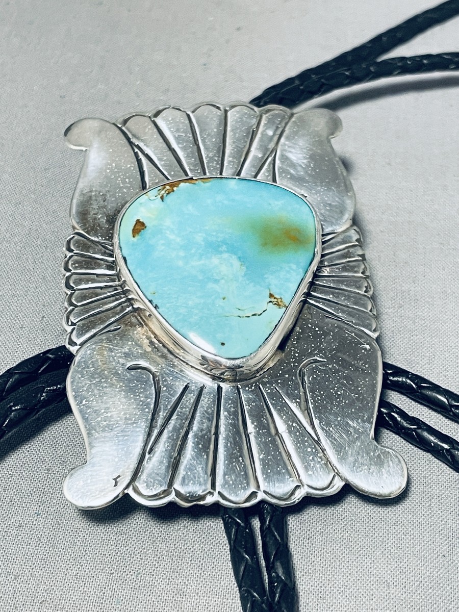 Outstanding Vintage Native American Navajo Royston Turquoise Signed Sterling Silver Bolo Outstanding Vintage Native American Navajo Royston Turquoise Signed Sterling Silver Bolo