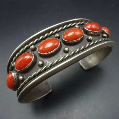 Classic VINTAGE Thick Sterling Silver OLD RED MEDITERRANEAN CORAL Cuff Bracelet