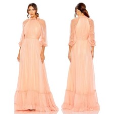 MAC DUGGAL Chiffon Ruched Illusion Raglan Sleeve Ruffled Gown size 12 NWT 68225