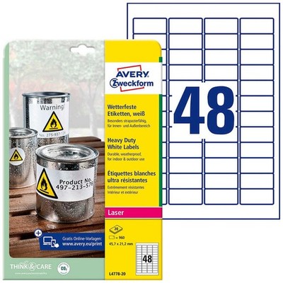 AVERY Zweckform wetterfeste Folienetiketten L4778-20 weiß 45,7 x 21,2 mm, 20...