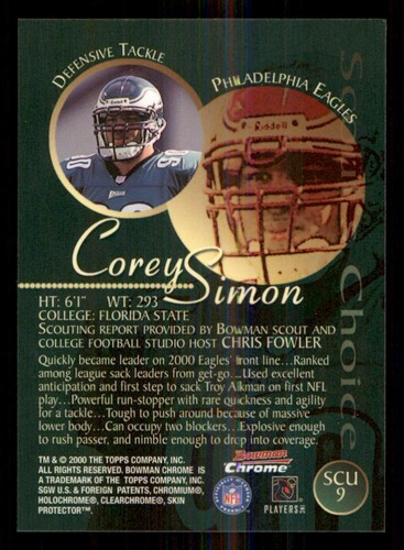 2000 Bowman Chrome Scout's Choice Update #SCU9 Corey Simon - Picture 2 of 2
