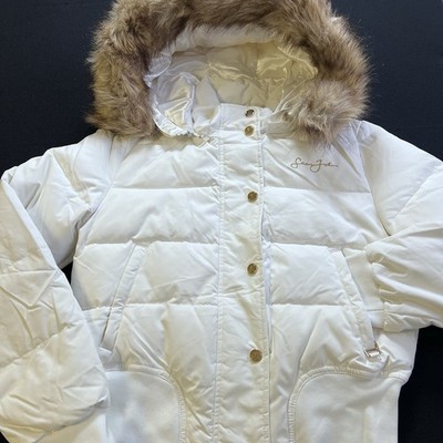 RARE Sean John White Down Puffer Bomber Fur Satin Hood Gold Logo M Mob Wife Y2K
