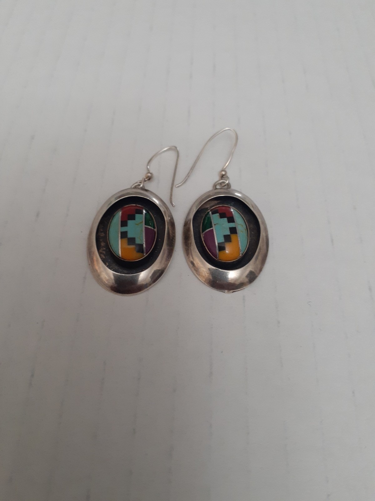 Sterling Silver Patchwork Oval Earrings with Turq… - image 1