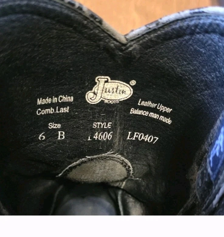 Justin Botas Western Niños Talla 6B Negro Punta Redonda Cuero Resistente Exterior Foto 4 de 4