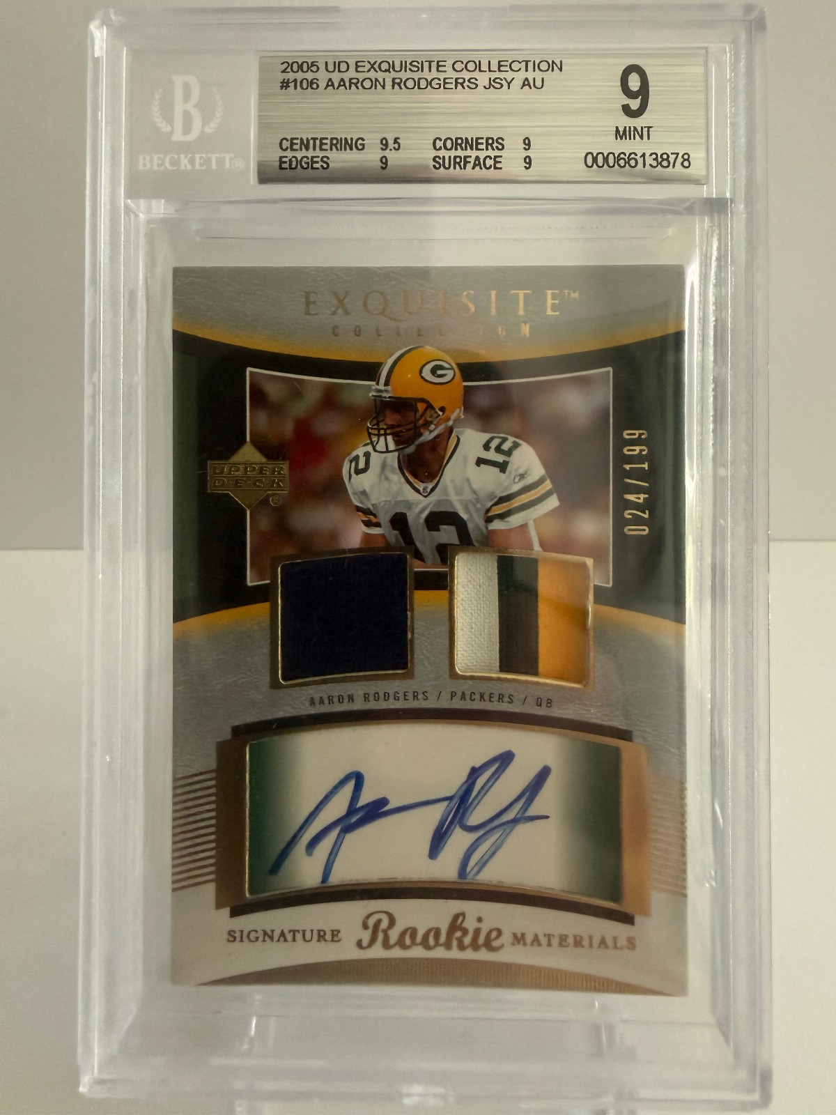 Aaron Rodgers 2005 Exquisite #106 RPA Rookie GAME-USED PATCH AUTO 24/199 BGS 9.0 view 1