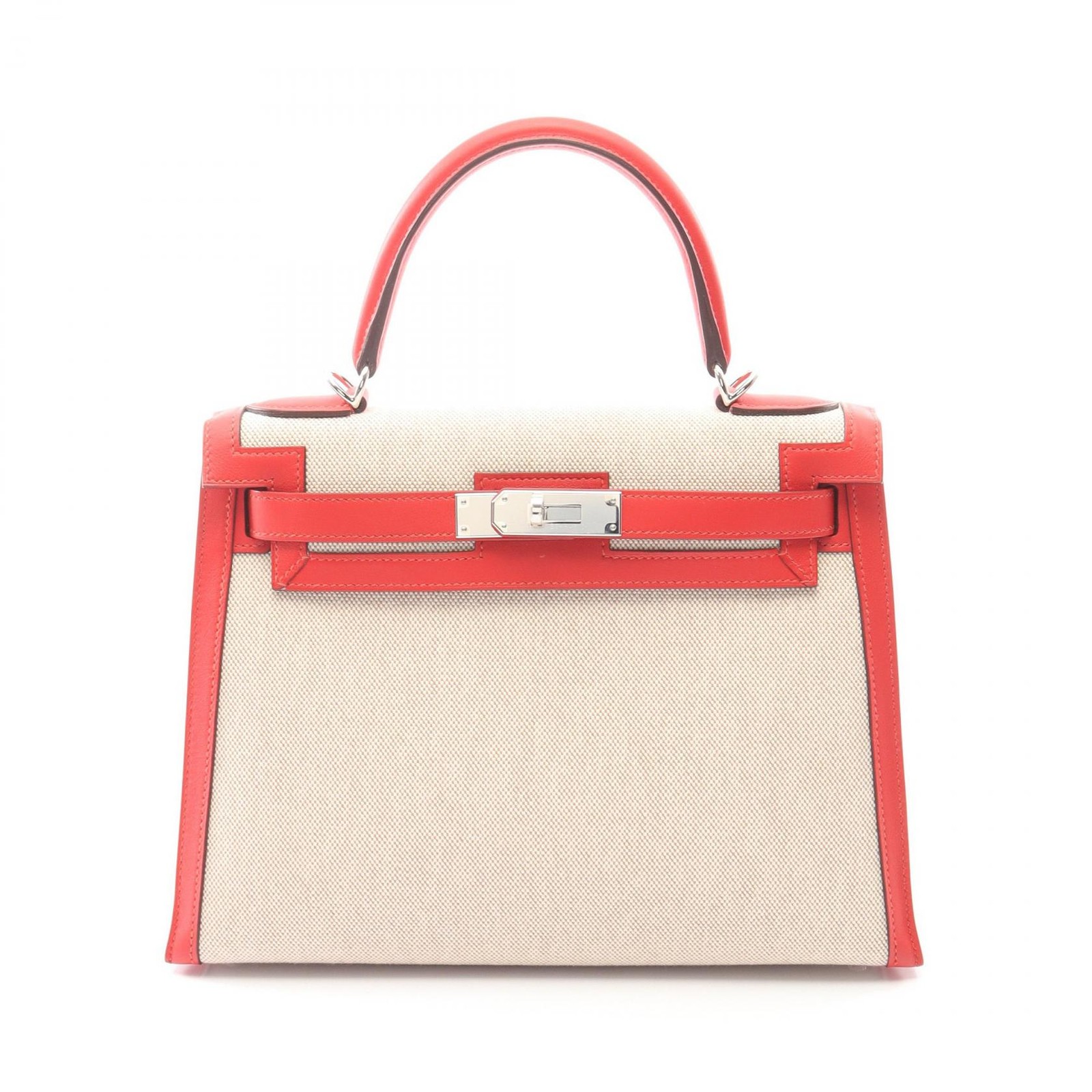 HERMES Kelly 28 shoulder Handbag D Toile H canvas Swift Ecru rouge coeur SHW