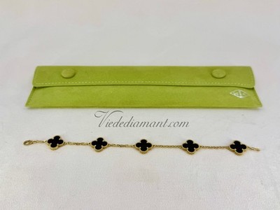Van Cleef Arpels Vintage Alhambra 5 Motif Onyx Bracelet Yellow Gold  