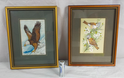 2 x Vintage J & J Cash gerahmte gewebte Seidenbilder Haubenmeisen und Weißkopfseeadler