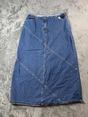 Vintage David Paul Denim Skirt Womens 14 Blue Long Western Fringe Studded
