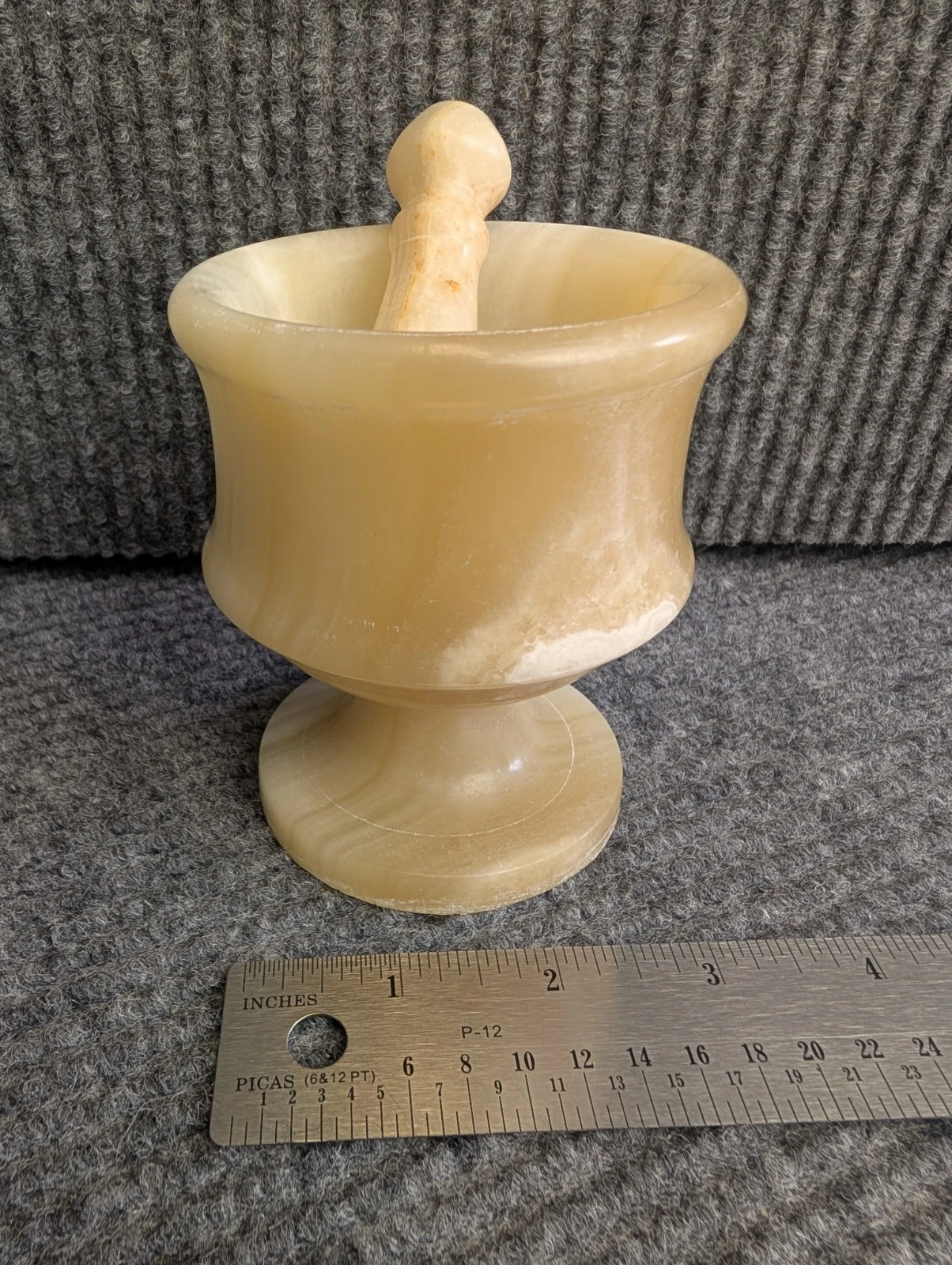 Vintage Hand-Carved Honey Onyx Marble Mortar and Pestle - Pedestal Style - 4"