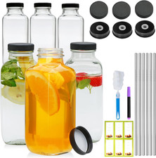 16oz Glass Juice Bottles Set w/ Lids & Straws...