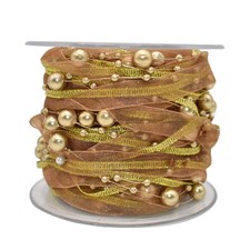 10M Artificial Bead Pearl Ribbon Chiffon and Organza Lace Trims Gold