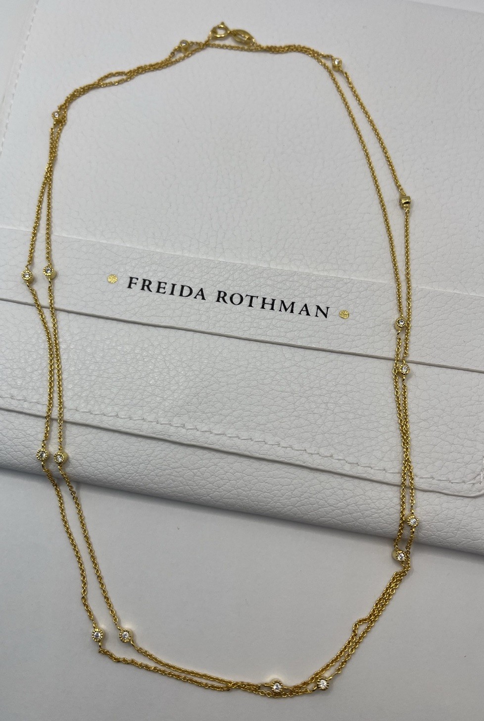 Freida Rothman Gold Tone White CZ Bezel Set Station Necklace 36 Inch