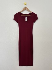 NWT Windsor Bodycon Midi Dress Small Burgundy Short Sleeve Side Slit Stretch