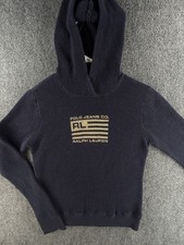 Polo Ralph Lauren Knit Flag Sweater Large Waffle Knit Navy Blue Hooded Hoodie