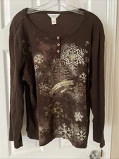 Christopher & Banks Women Top Sz 1XL pretty Brown seasons greetings sleeve Top