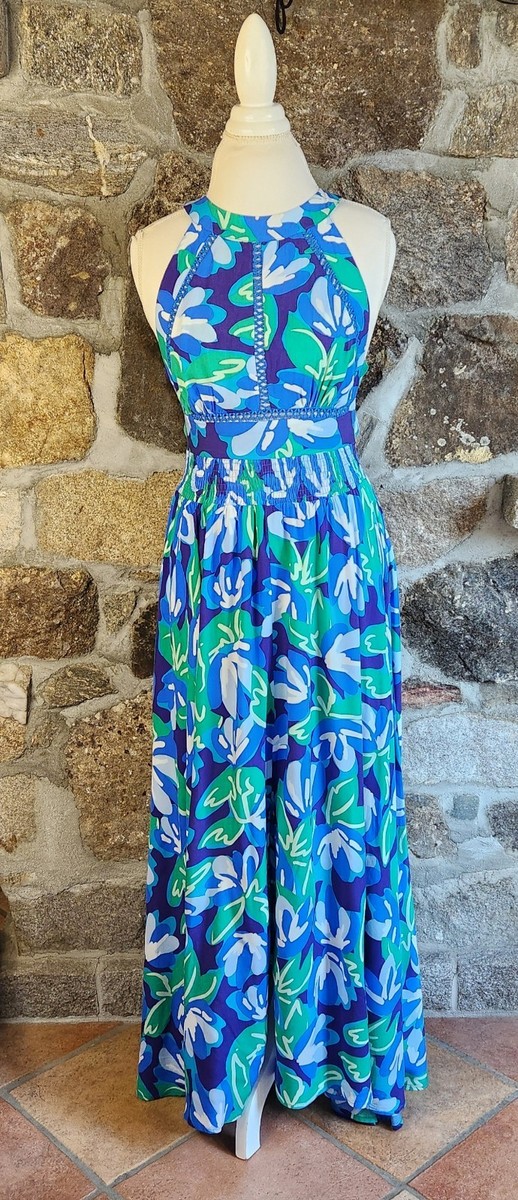 Abel the Label Size M Anthropologie Rumi Maxi Dress Blue Halter Open Back