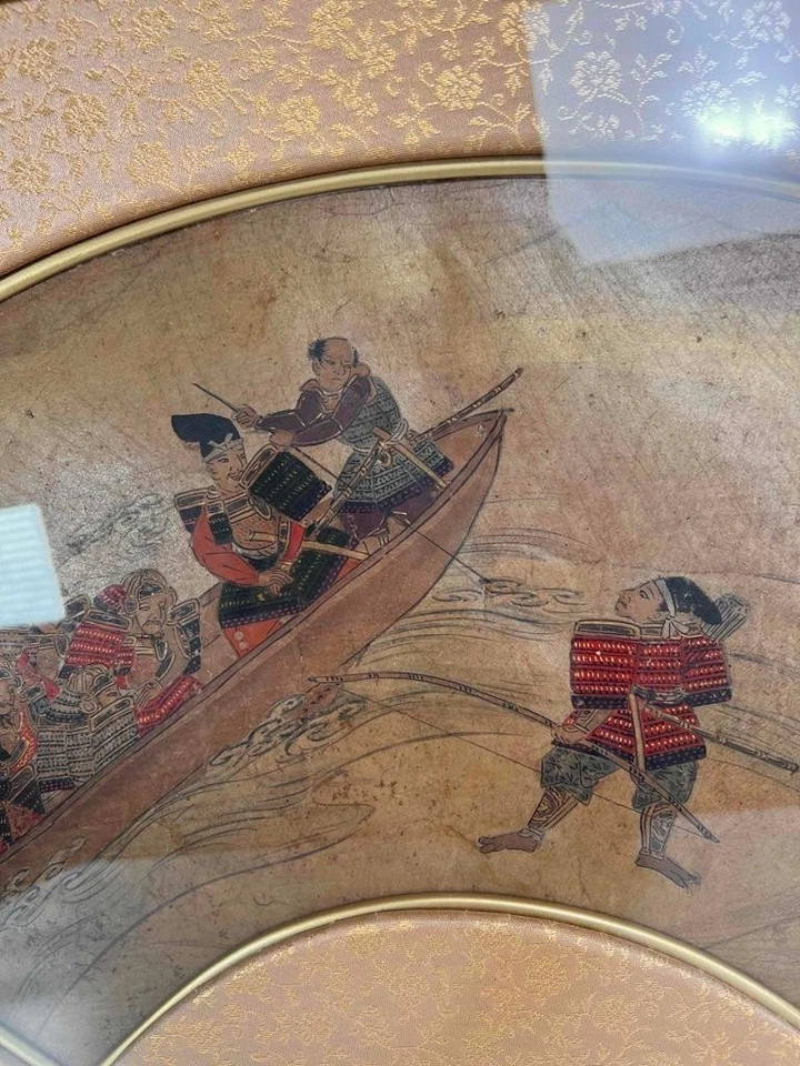 Antiguo japonés Edo firmado Ukiyo-e barco samurai batalla papel abanico hoja pintura Foto 3 de 4