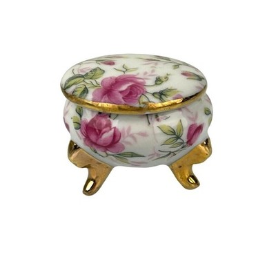 Vintage Made in Japan Small Footed Trinket Box Floral Rose Gold Border Painted