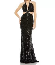  598 Mac Duggal Halter Cut Out Open Back Sequin Long Gown Maxi Dress Black 8