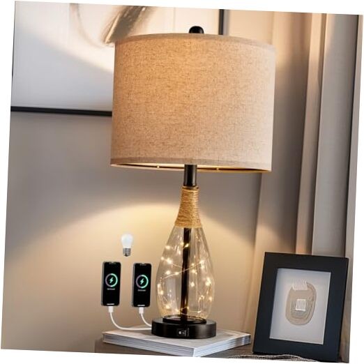 23-inch Modern USB Table Lamp for Bedroom Living Room Black Bedside Lamp with USB A+C Ports