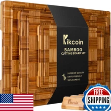 Kikcoin XL Bamboo Cutting Boards Set of 3 w/Juice Groove & Rack - Meat Veggie Fr