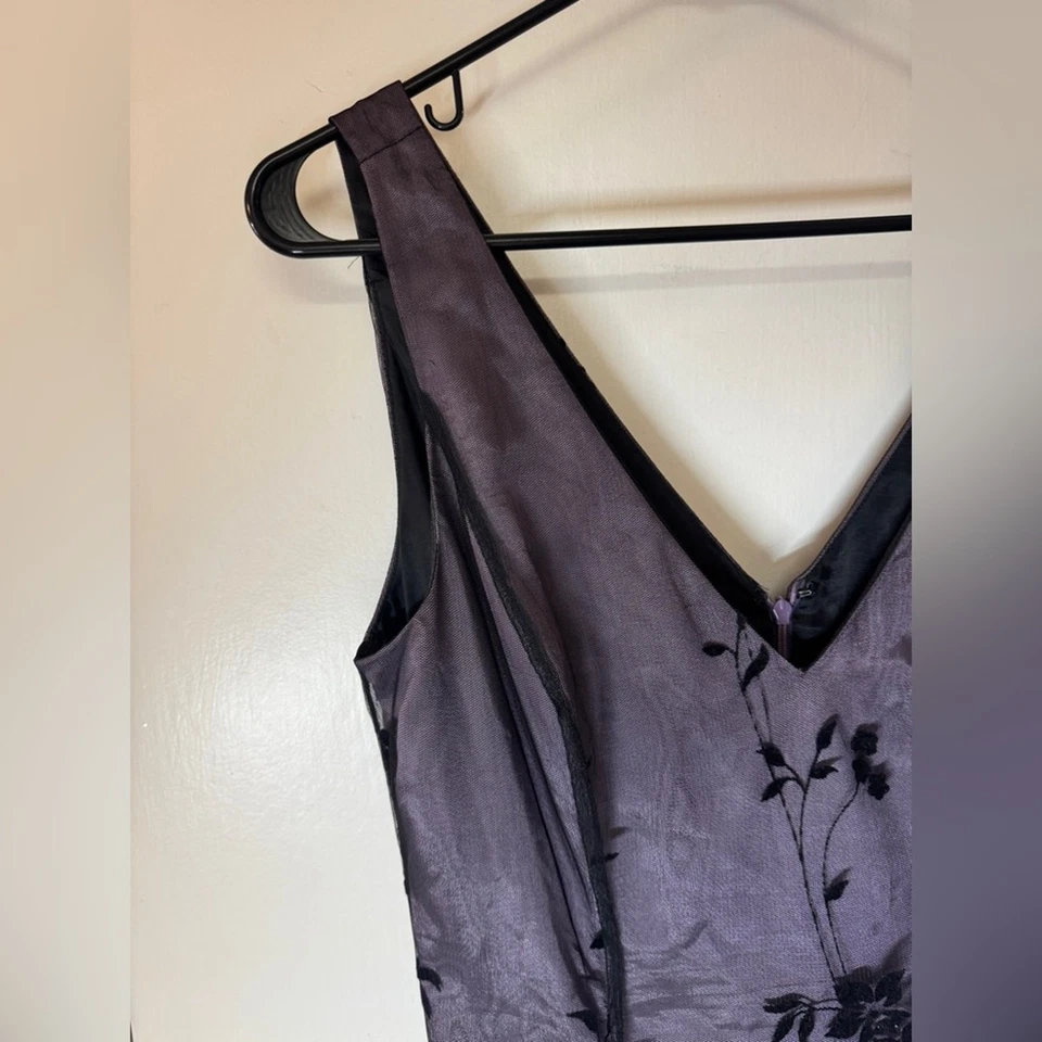 Vintage Y2K Whimsigoth Papell Boutique A Line Black Velvet Floral Midi Dress 10 - Image 2 of 4