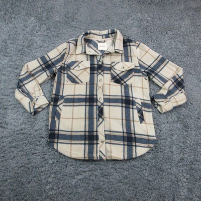 Thread & Supply Jacket Womens Large Beige Navy Plaid Fleece Button Shacket Lined